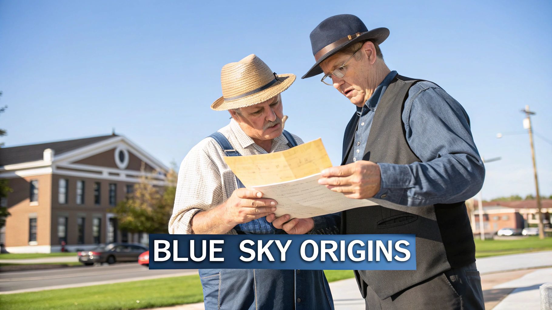 Two men in vintage attire examining old documents under a blue sky, with a building in the background.