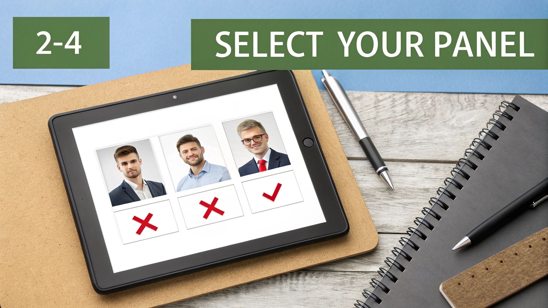 A magnifying glass hovering over several professional headshots, symbolizing the arbitrator selection process.