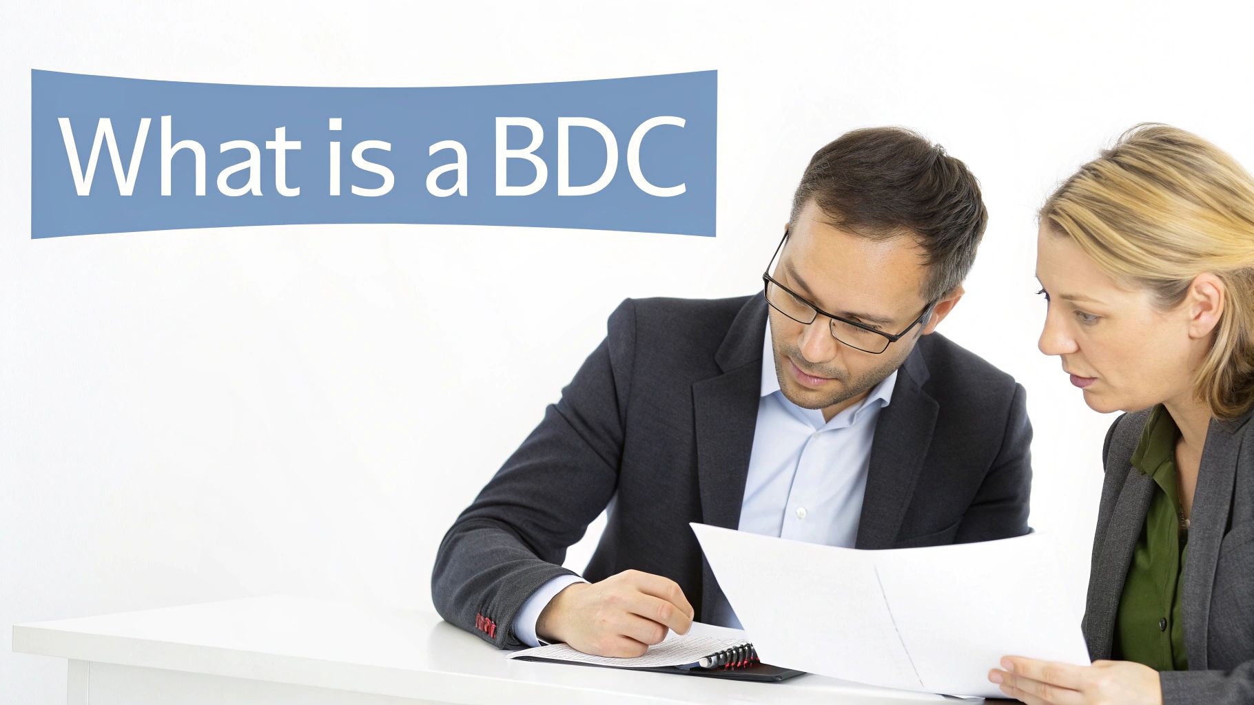 Two professionals, a man and woman, reviewing documents at a desk under a 'What is a BDC' banner.