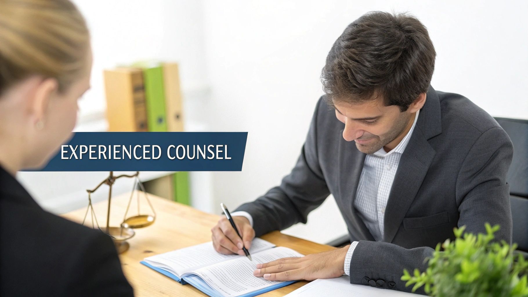 A male lawyer in a suit writes in a book while consulting with a female client, with a scale of justice on the table.