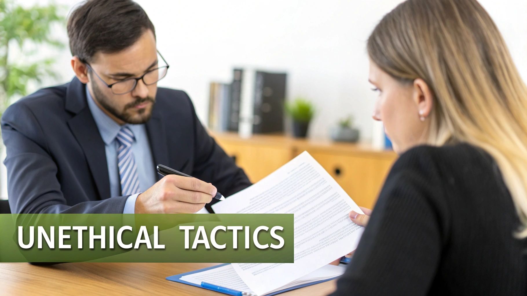 A man in a suit reviews documents with a woman in an office, with text overlay 'UNETHICAL TACTICS'.