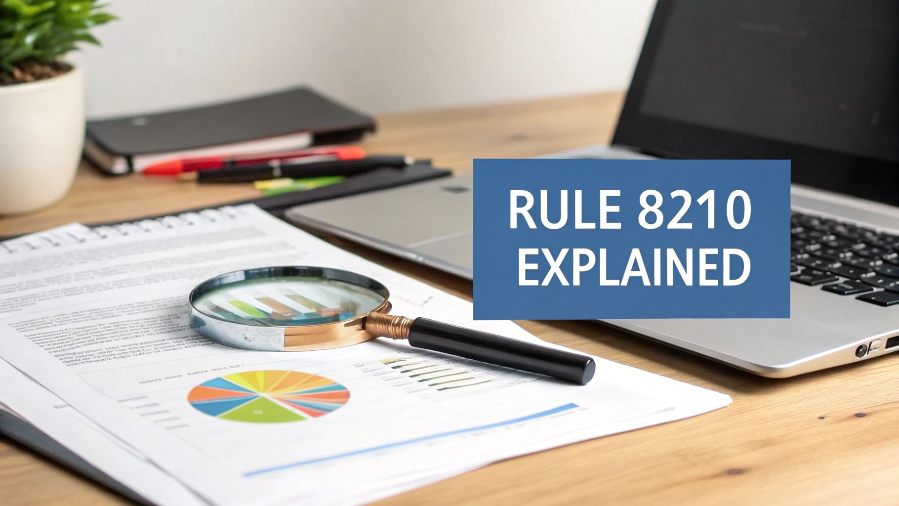 A desk with financial documents, a magnifying glass, and a laptop, with text 'RULE 8210 EXPLAINED'.