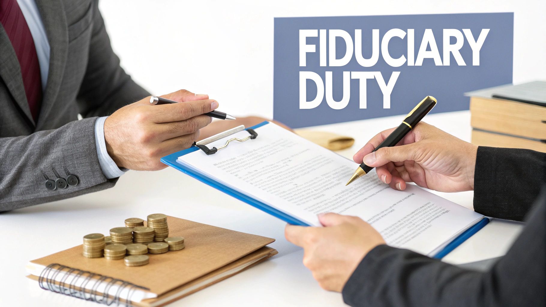 Two people discuss a document on a clipboard, with pens in hand, beside coins and a 'Fiduciary Duty' sign.