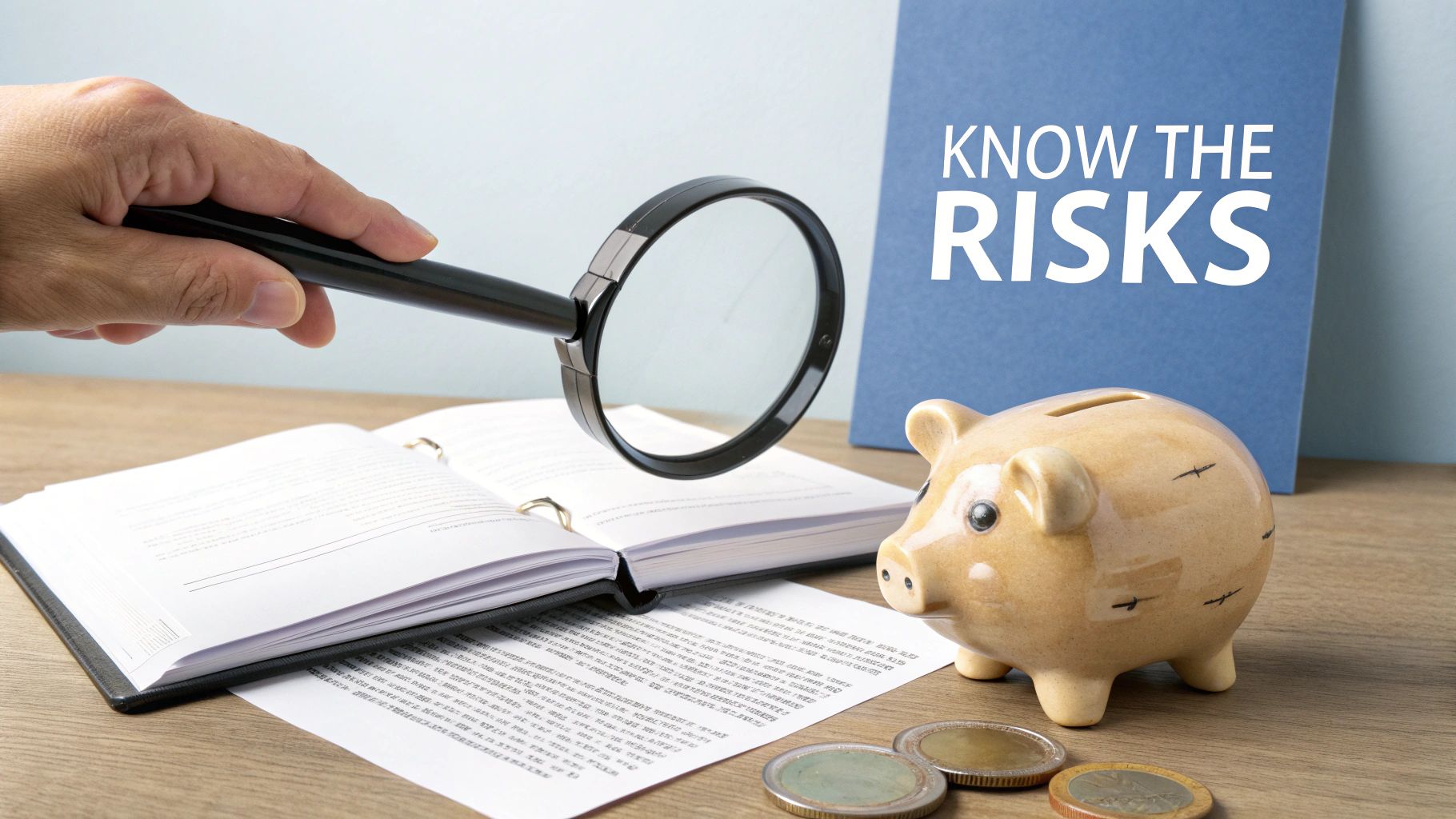 A hand uses a magnifying glass to review documents next to a piggy bank, with a 'KNOW THE RISKS' sign.