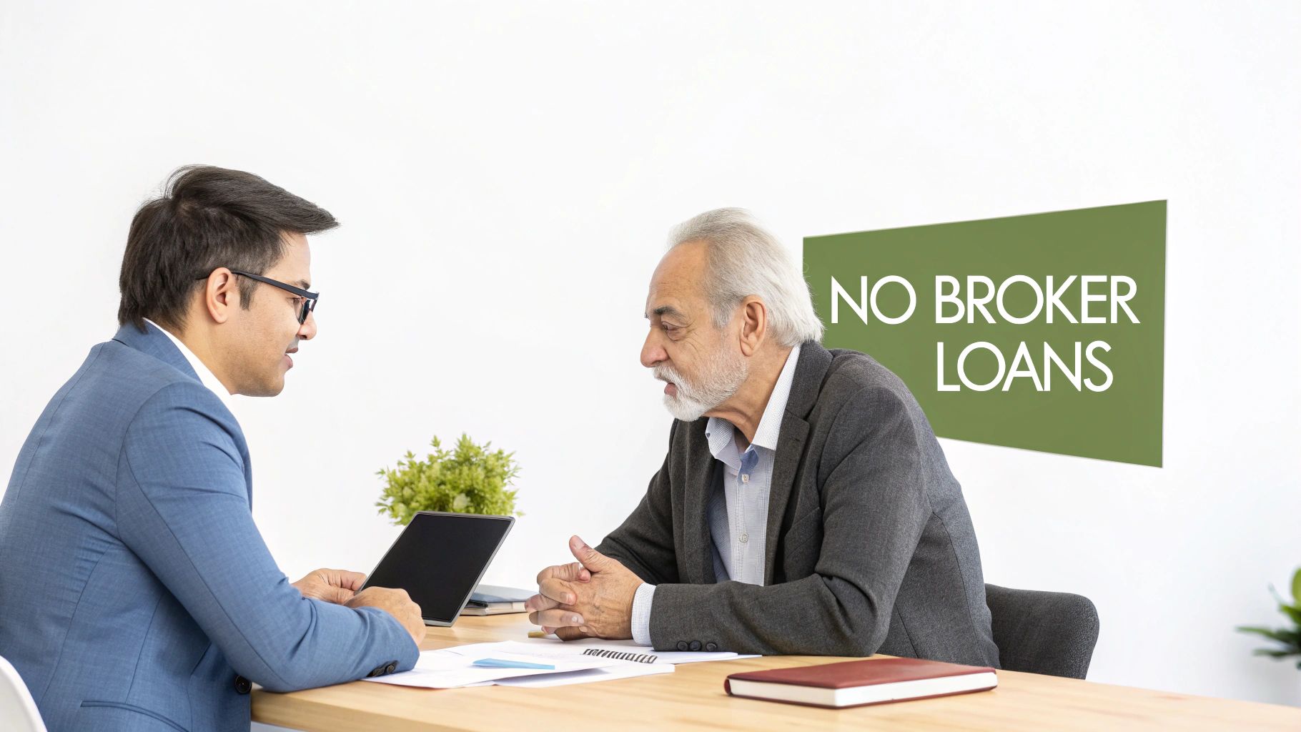 Two men, one younger and one older, discuss loan options at a desk under a 'NO BROKER LOANS' sign.