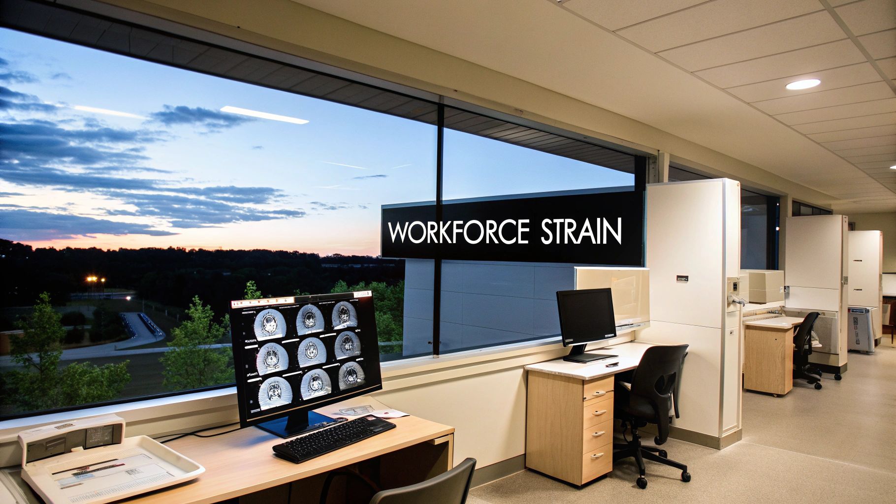 Radiology workstations in a modern office with medical scans on screen and 'WORKFORCE STRAIN' sign at dusk.