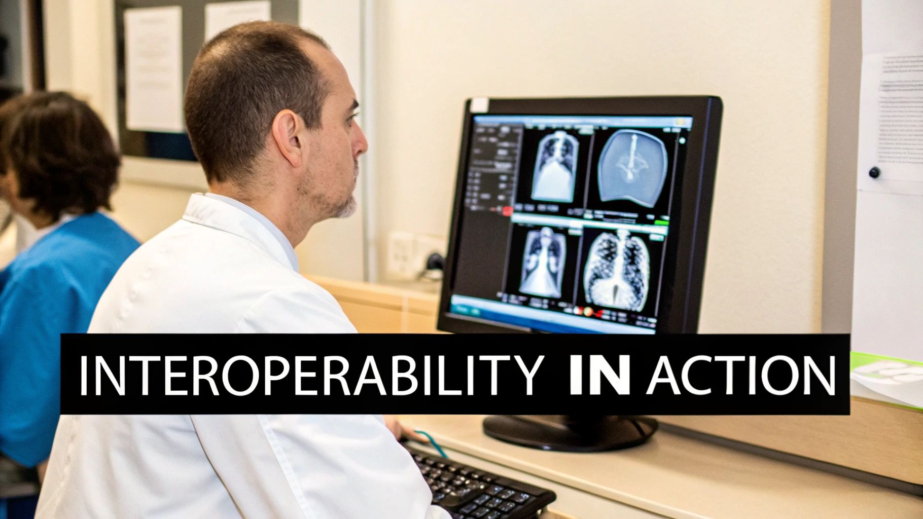 A doctor in a white coat viewing medical scans on a computer screen, highlighting interoperability.