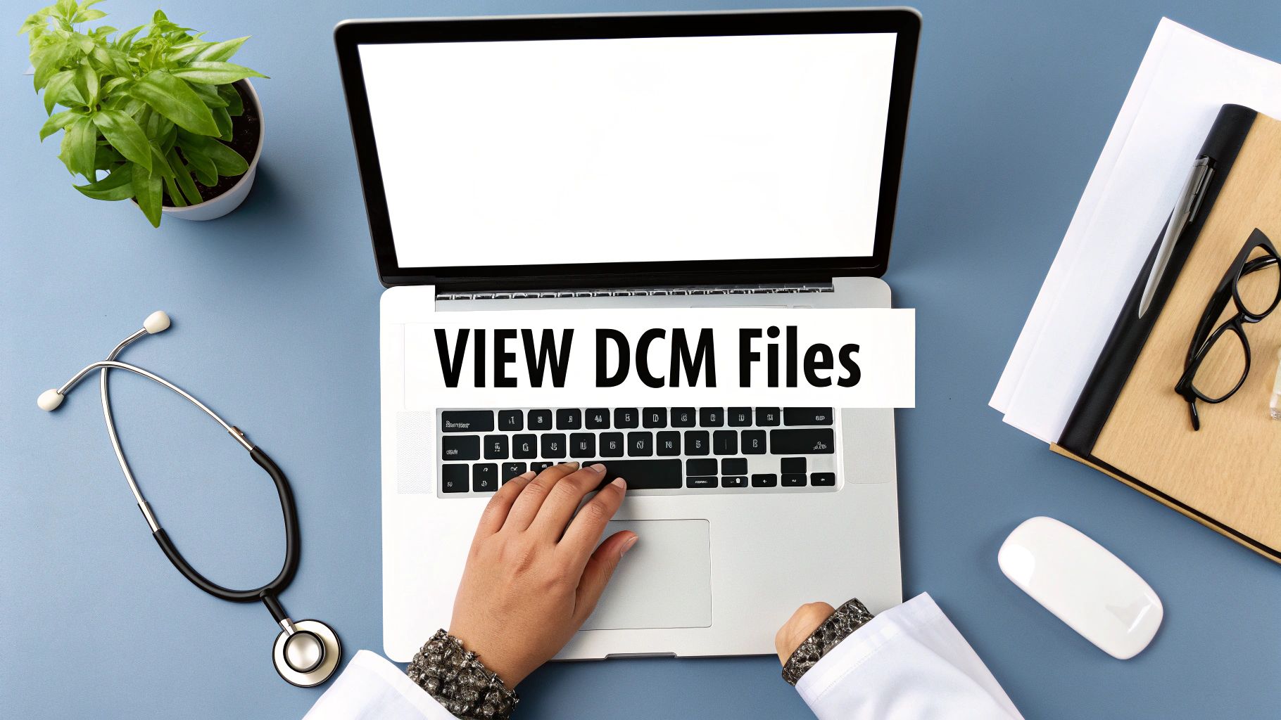 A medical professional on a tablet analyzing a detailed DCM scan, demonstrating modern viewing methods.