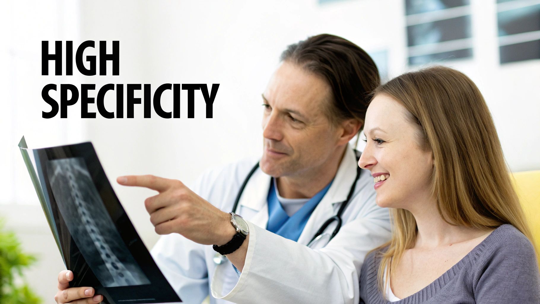 A medical expert confidently reviewing a clear, negative scan on a high-resolution screen, symbolizing diagnostic certainty