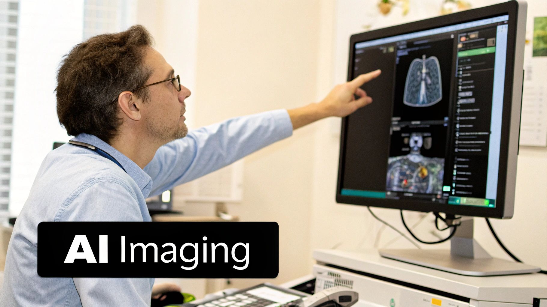 A man in glasses points at a computer screen displaying AI medical imaging scans.