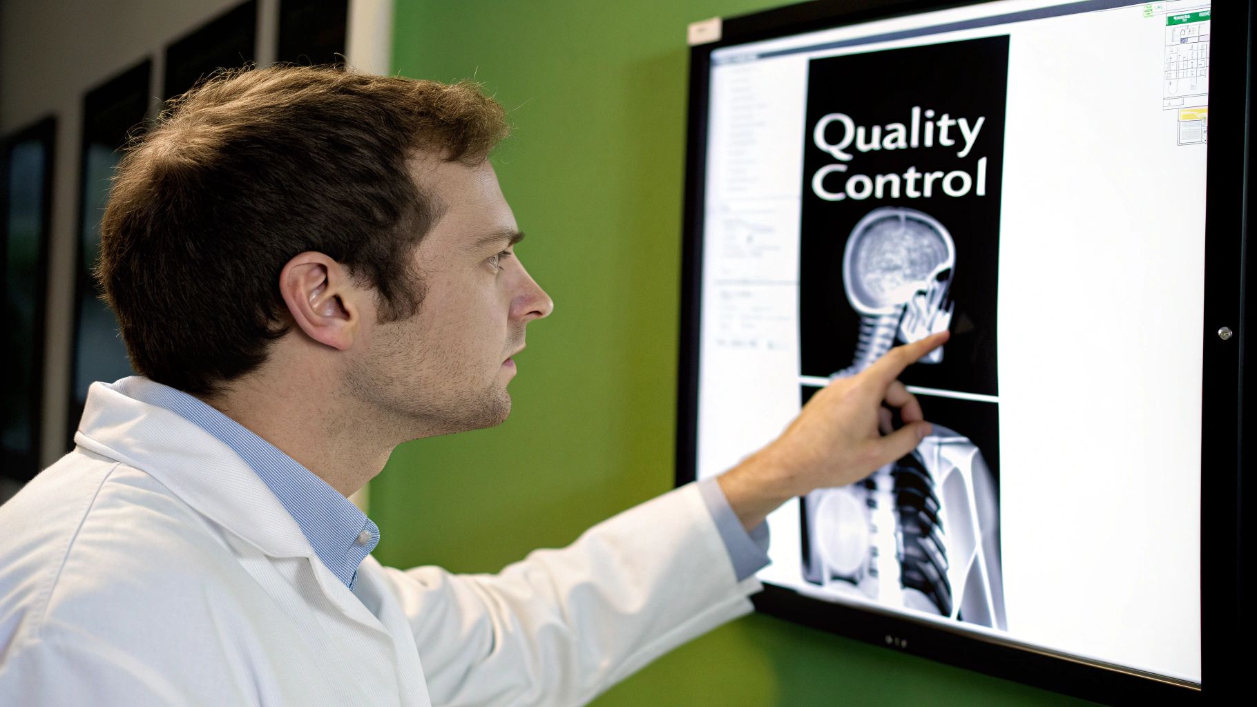 Radiologist examining an X-ray image with a colleague, emphasizing quality control in radiology.