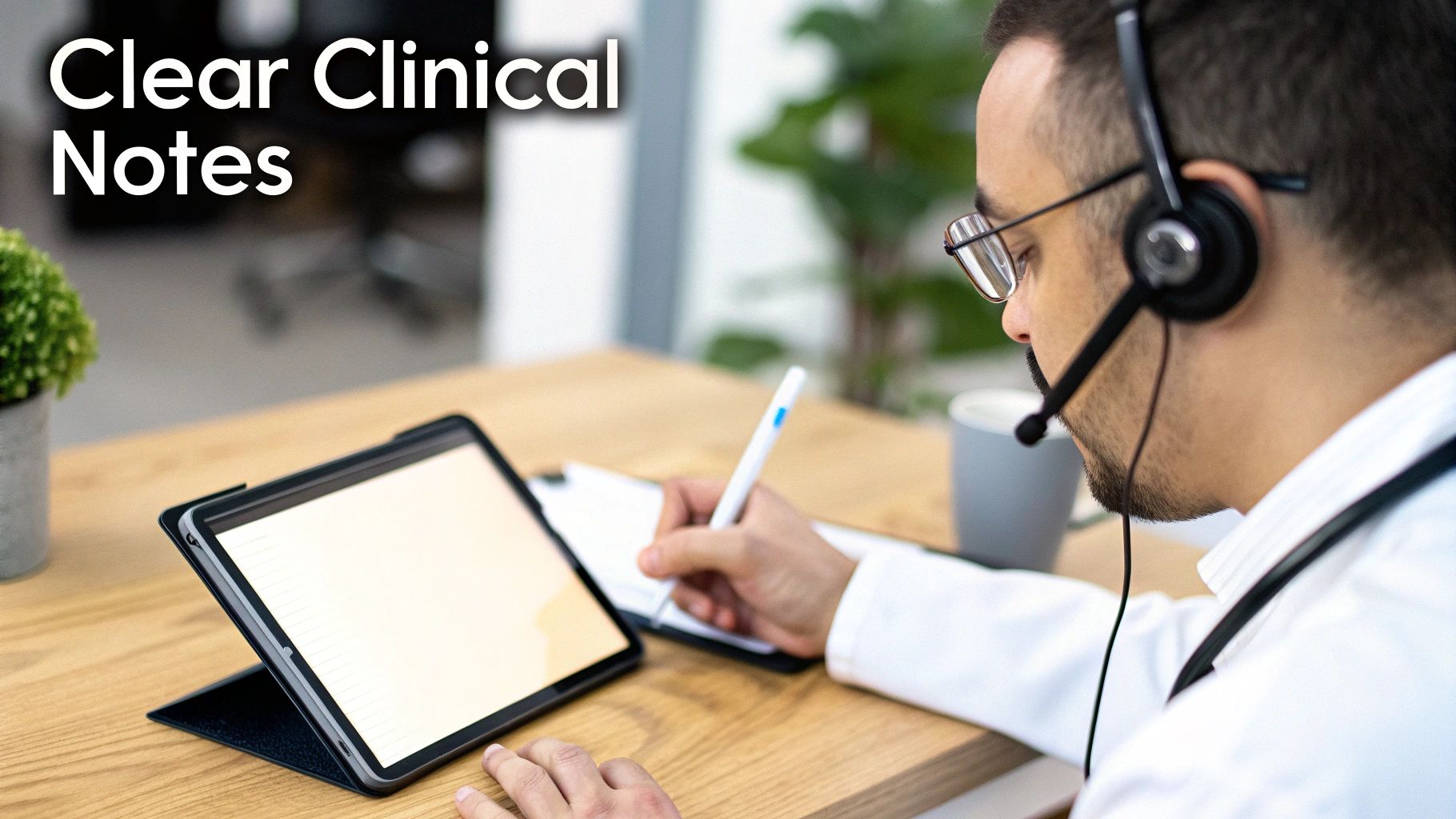 A medical professional with a headset writes clear clinical notes on a pad and tablet.