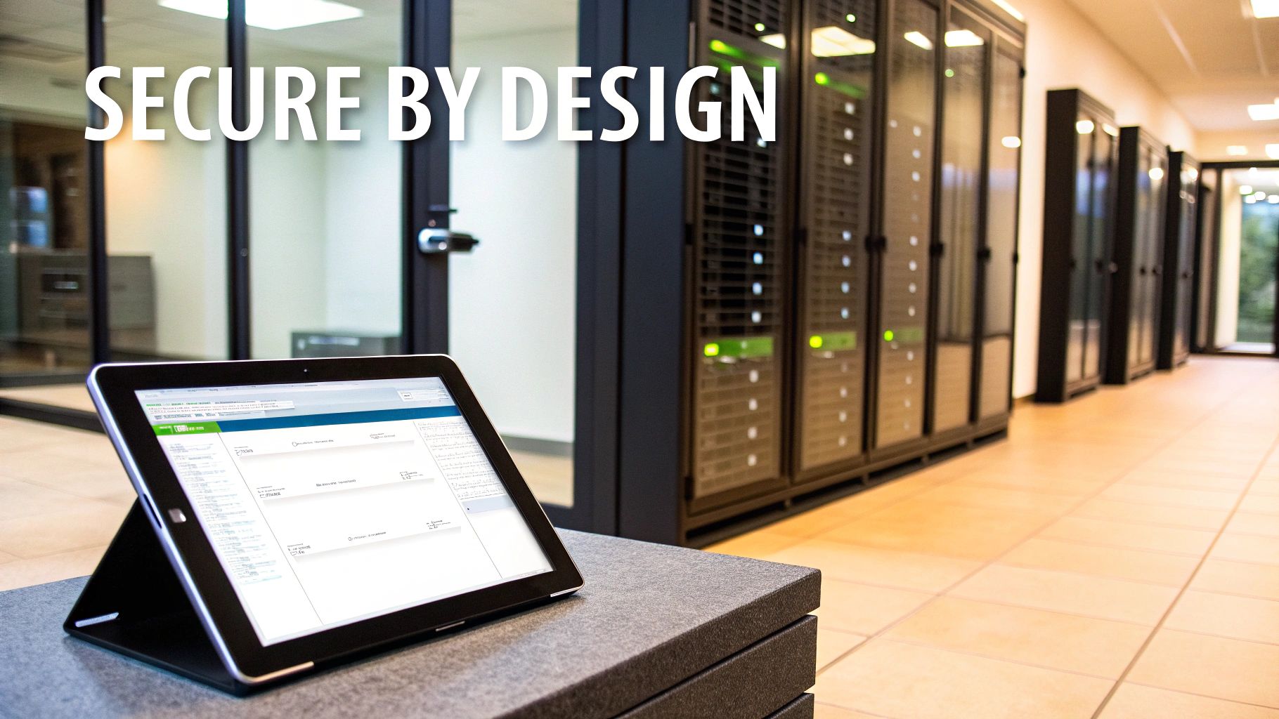 Modern data center with server racks and tablet displaying secure records management system interface