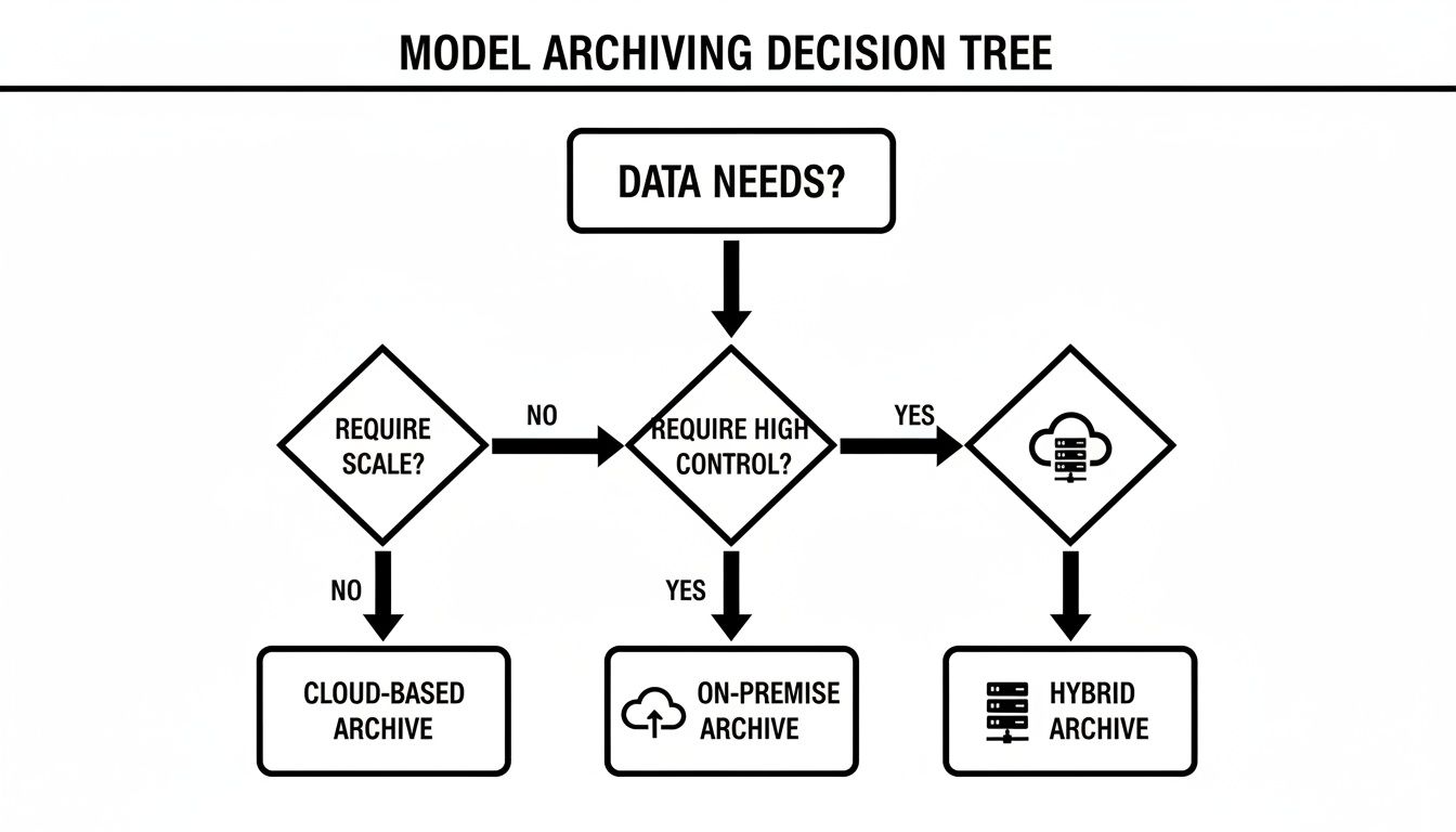 Decision tree for model archiving, guiding users based on data needs, scale, and control to select an archive type.