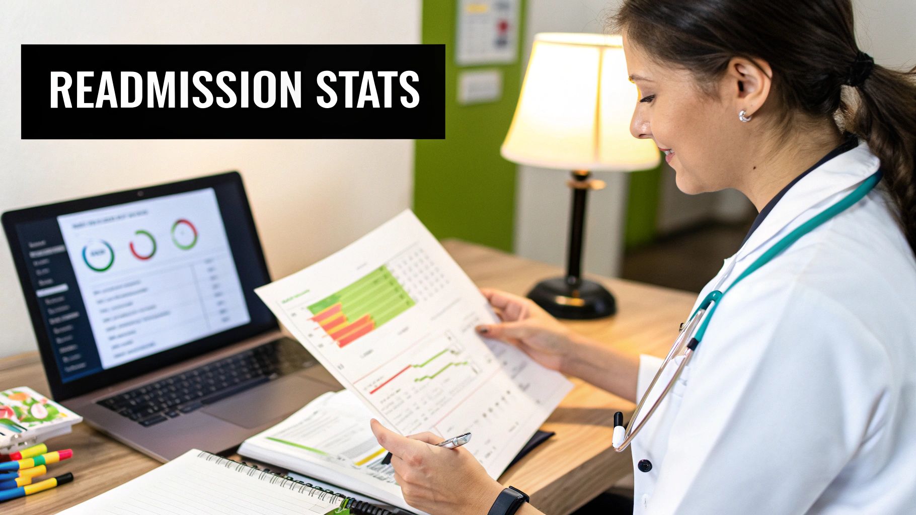 A group of healthcare professionals collaborating around a table, analyzing charts and data to find the root causes of hospital readmissions.