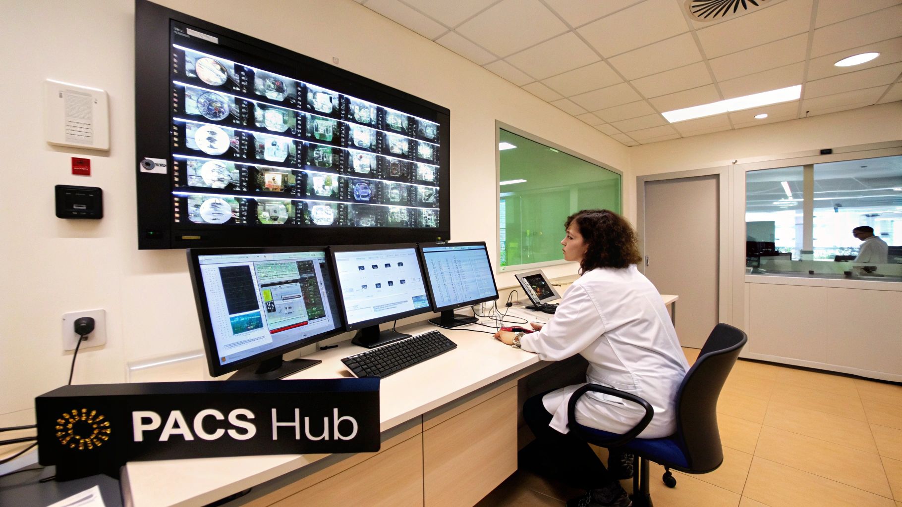 A healthcare professional works at a multi-monitor PACS workstation in a control room, analyzing medical images.