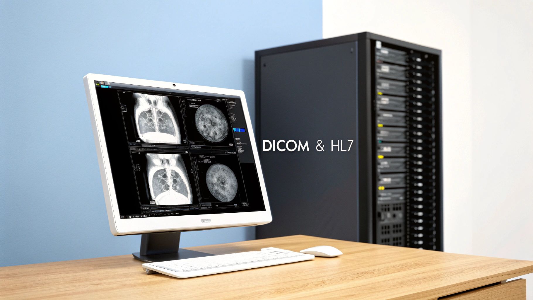Medical workstation displaying lung scans, keyboard, mouse, server rack, and 'DICOM & HL7' text.