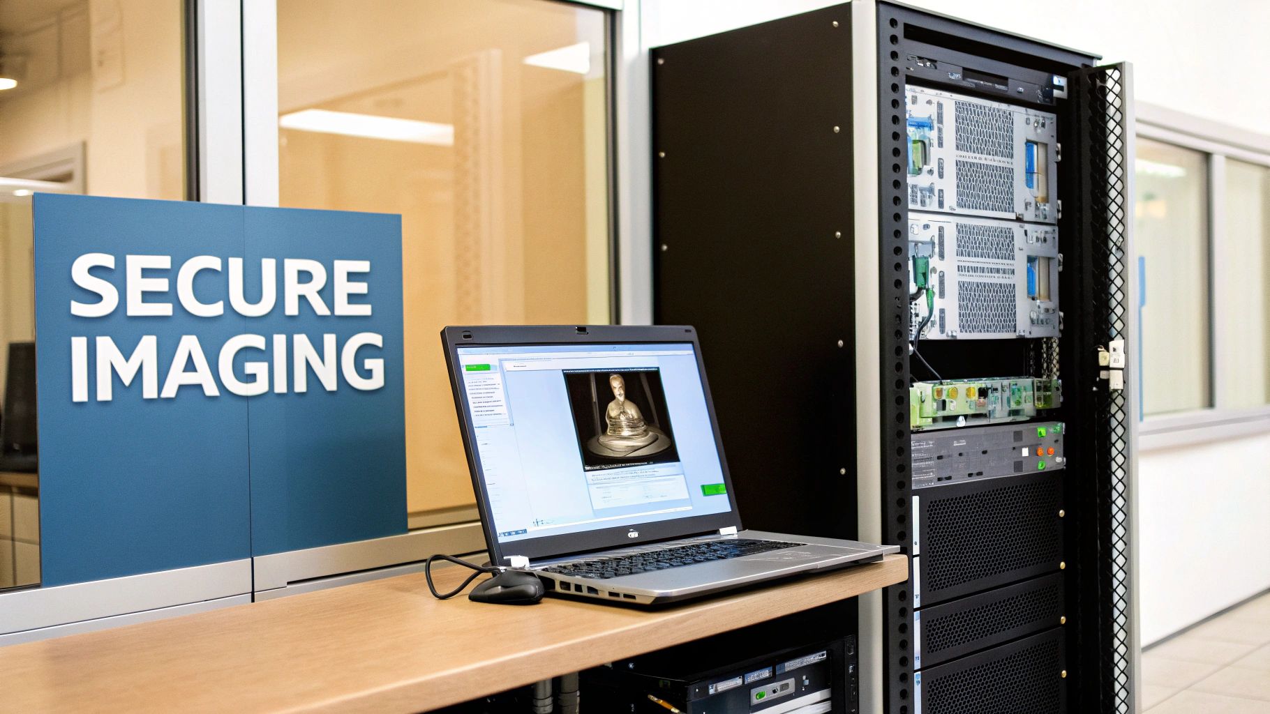 A secure imaging workstation with a laptop displaying a 3D scan and a server rack.
