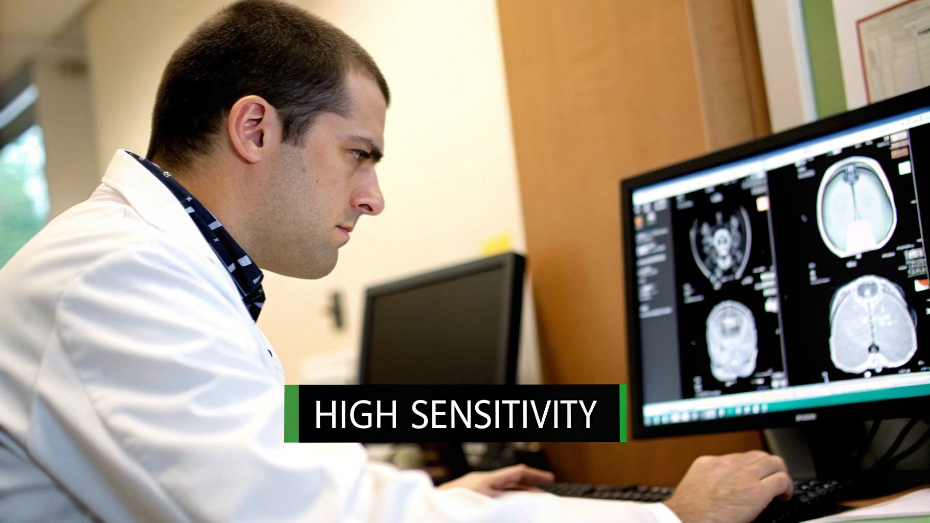 A medical professional analyzing a digital brain scan on a large screen, highlighting the concept of detection