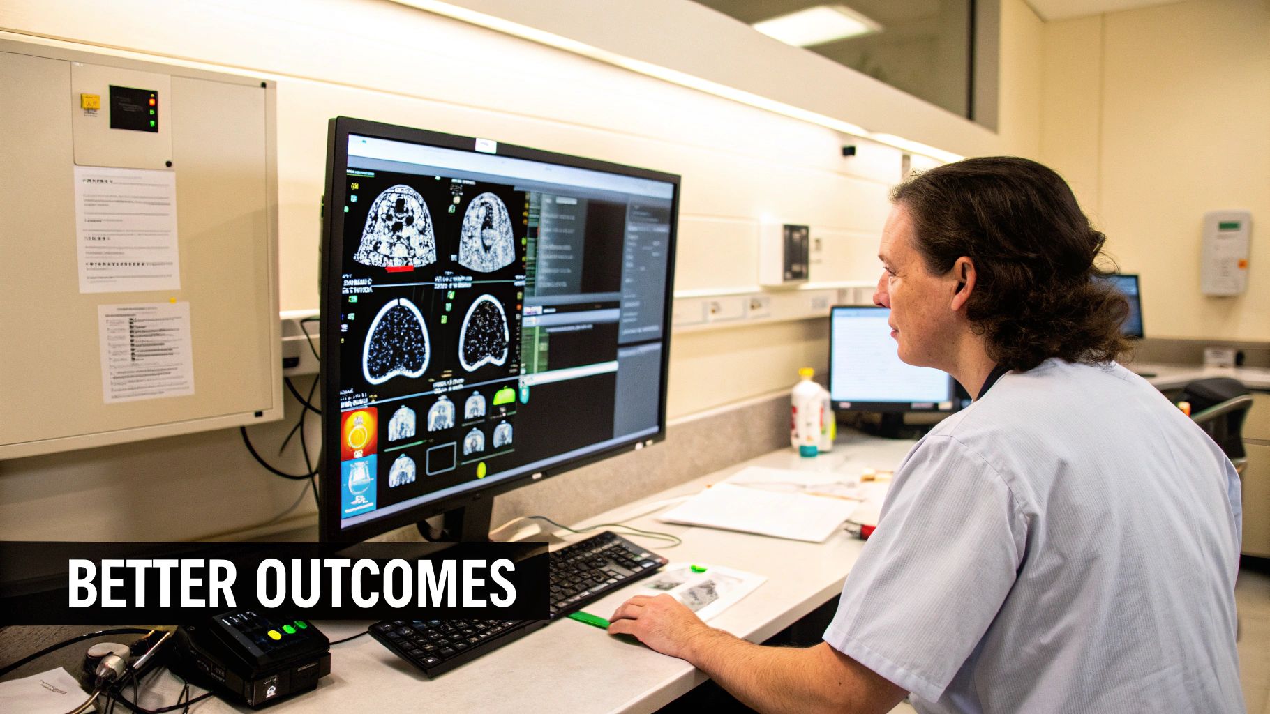 Healthcare professional analyzing medical CT scan images on computer monitor for improved patient diagnosis
