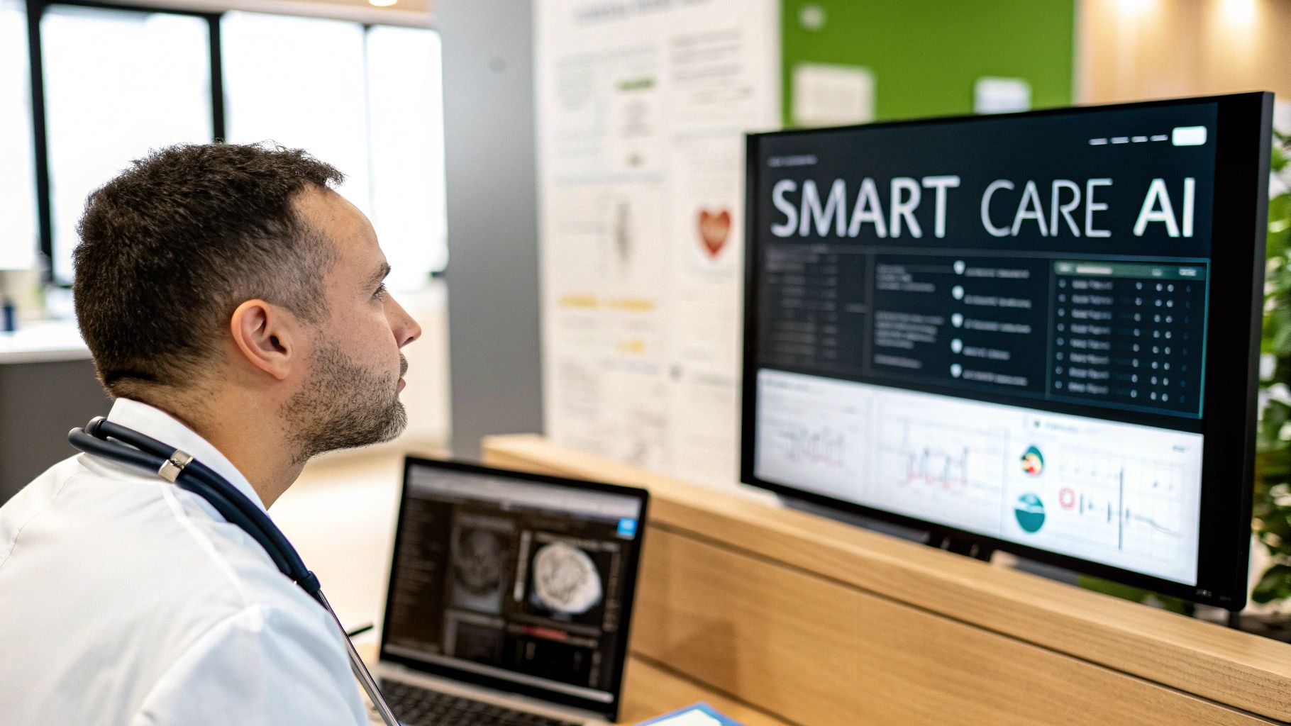 Side profile of a doctor viewing a monitor with 'SMART CARE AI' and medical analytics.