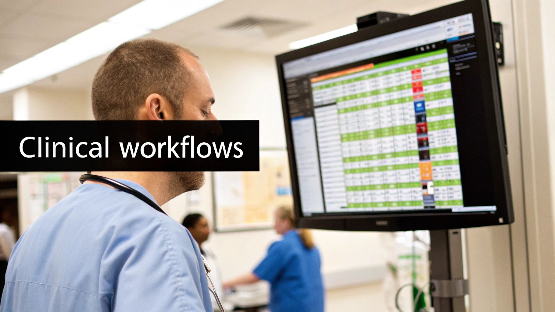 A male healthcare professional reviews patient data on a large computer screen, showing clinical workflows.