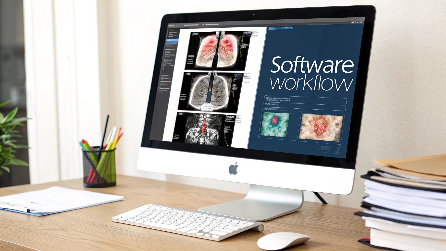 A medical professional analyzing a scan on a computer screen