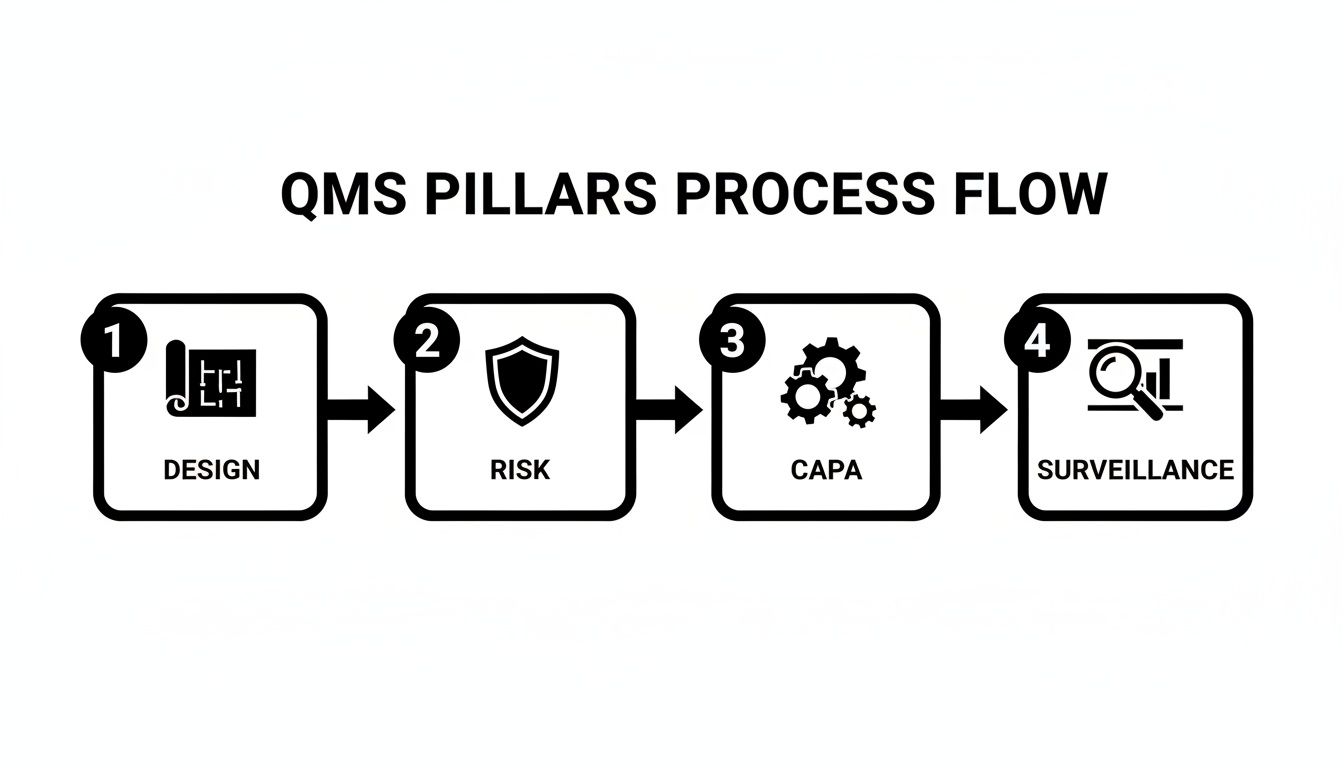 A diagram illustrating the QMS Pillars Process Flow, including Design, Risk, CAPA, and Surveillance.