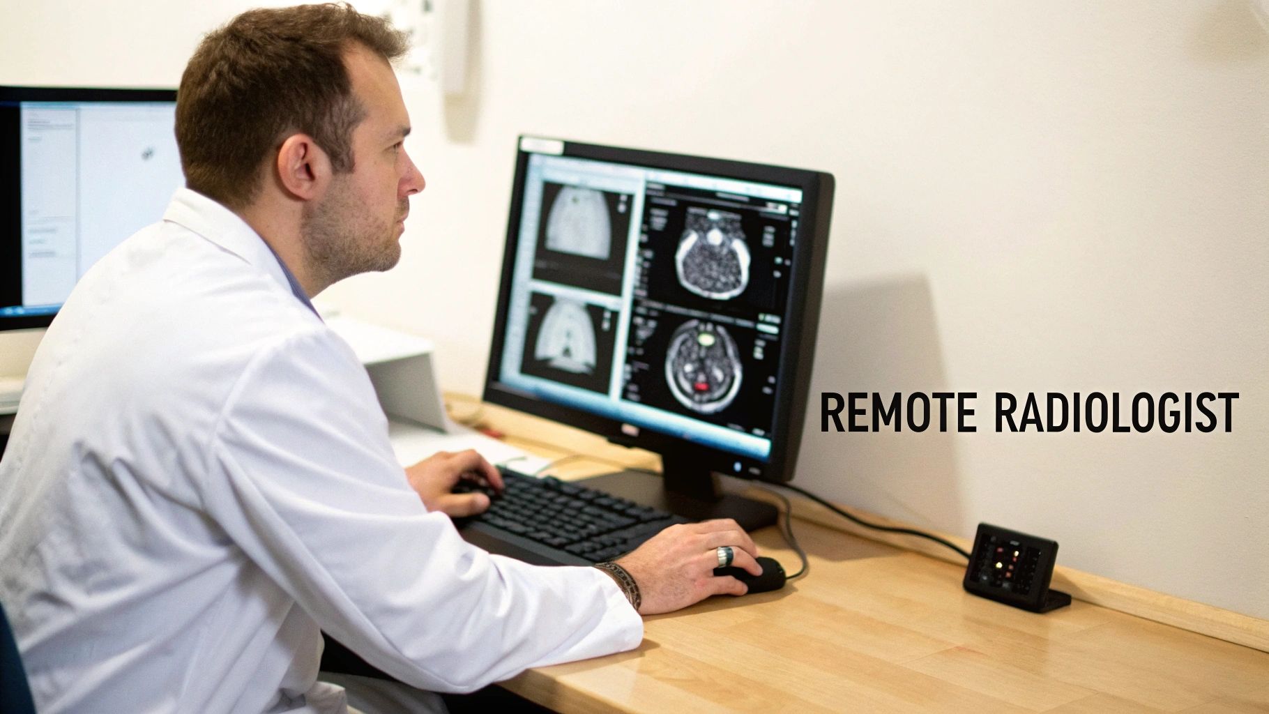 A male radiologist in a white coat remotely reviews brain and chest scans on a computer.