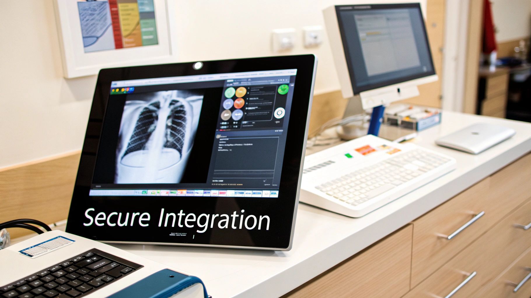 A modern medical workstation with screens displaying a chest X-ray and secure integration software.