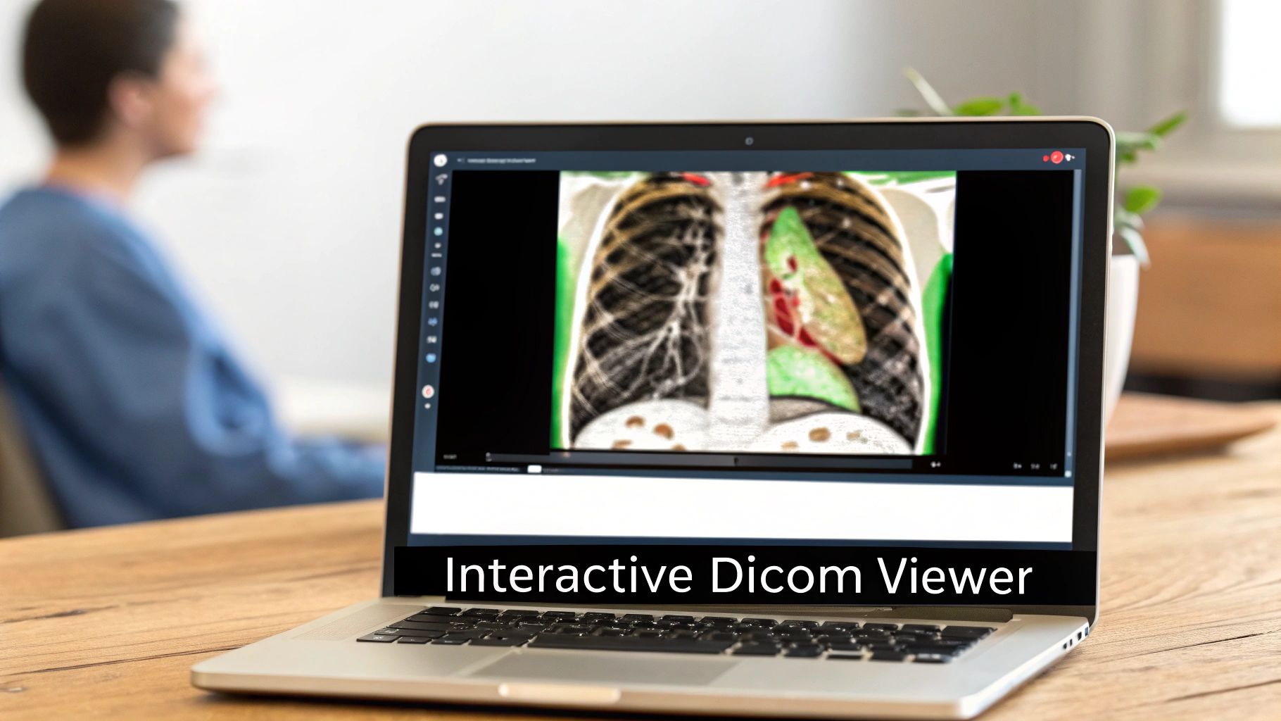 A medical professional interacting with a large screen displaying an X-ray with AI-generated heatmaps and overlays, showcasing a custom DICOM viewer in action.