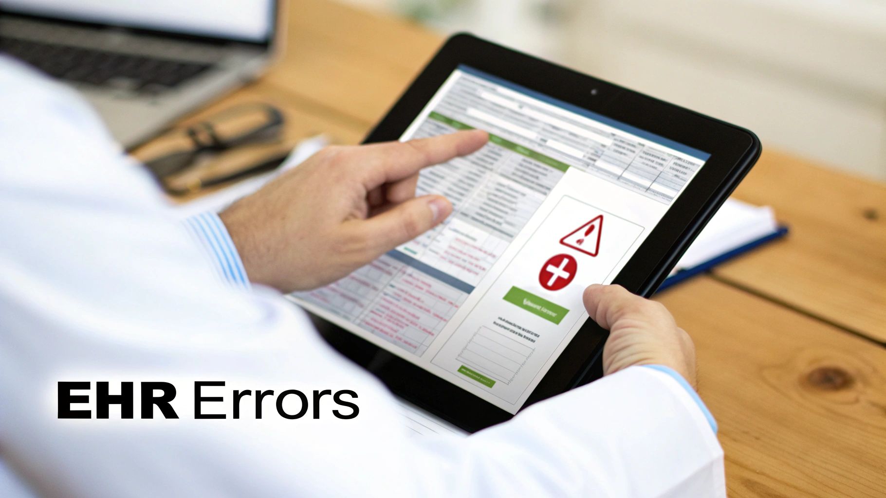 A doctor reviews an electronic health record on a tablet, showing an error warning. Text: EHR Errors.