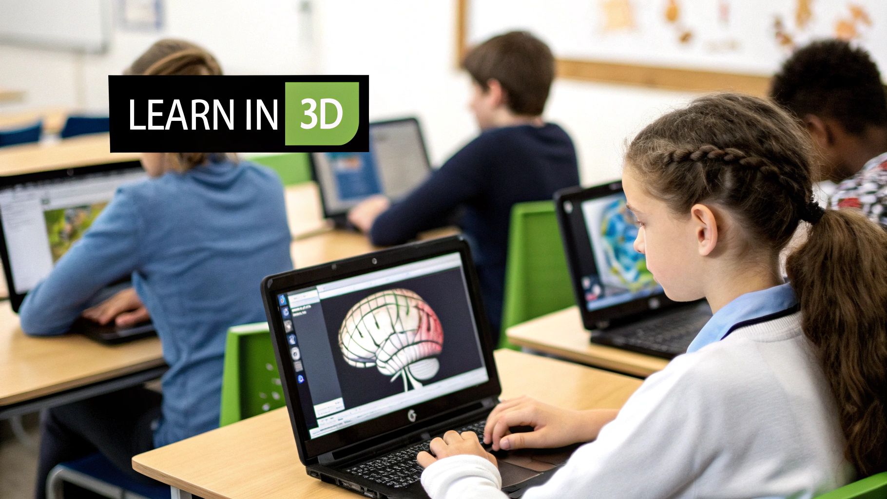 A scientist interacts with a glowing, complex 3D rendering of neural networks on a large screen, symbolizing neuroscience research with a 3d brain app.