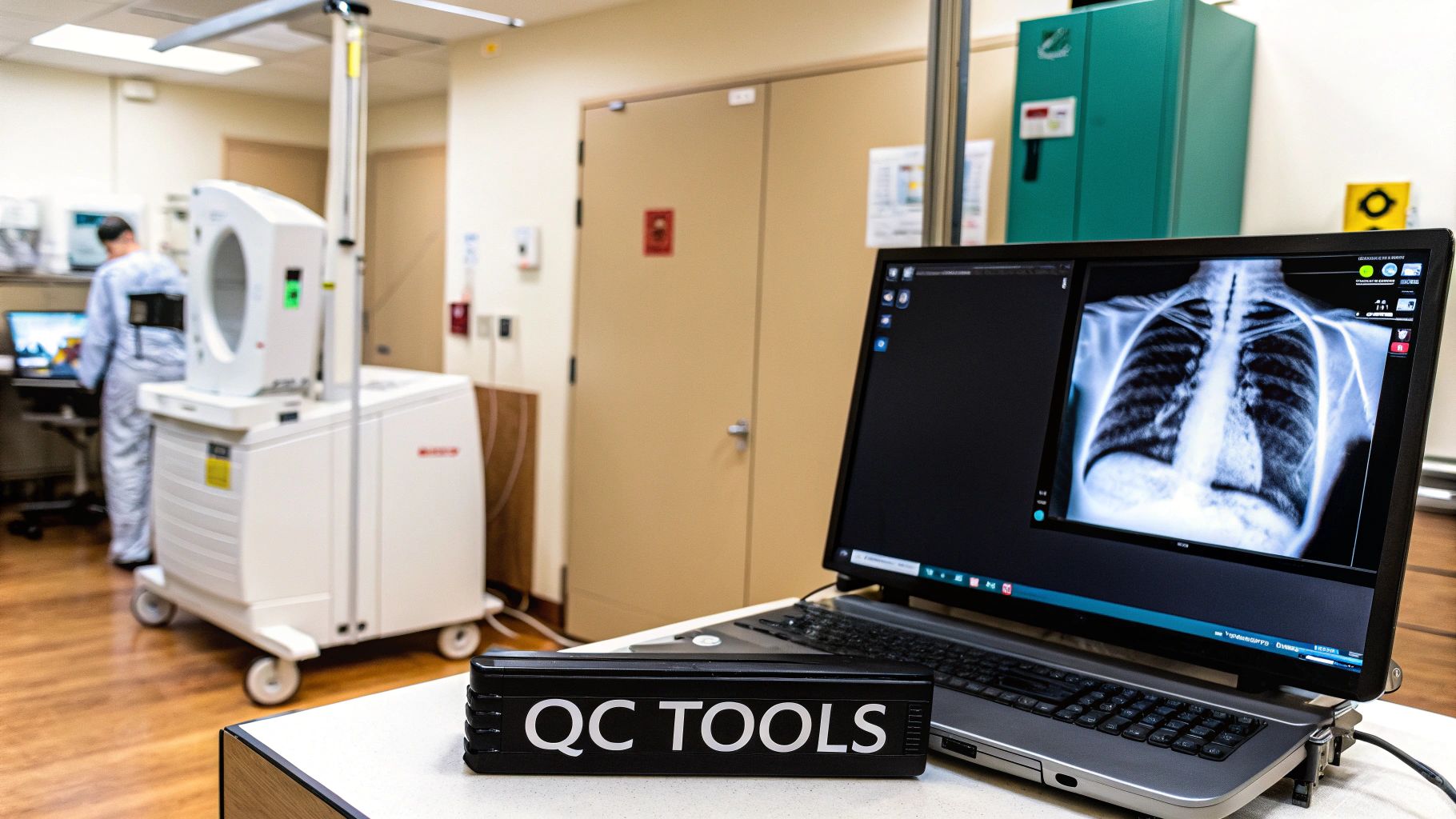 A diverse team of medical professionals, including a medical physicist and radiologic technologist, collaborating around a monitor displaying medical images.