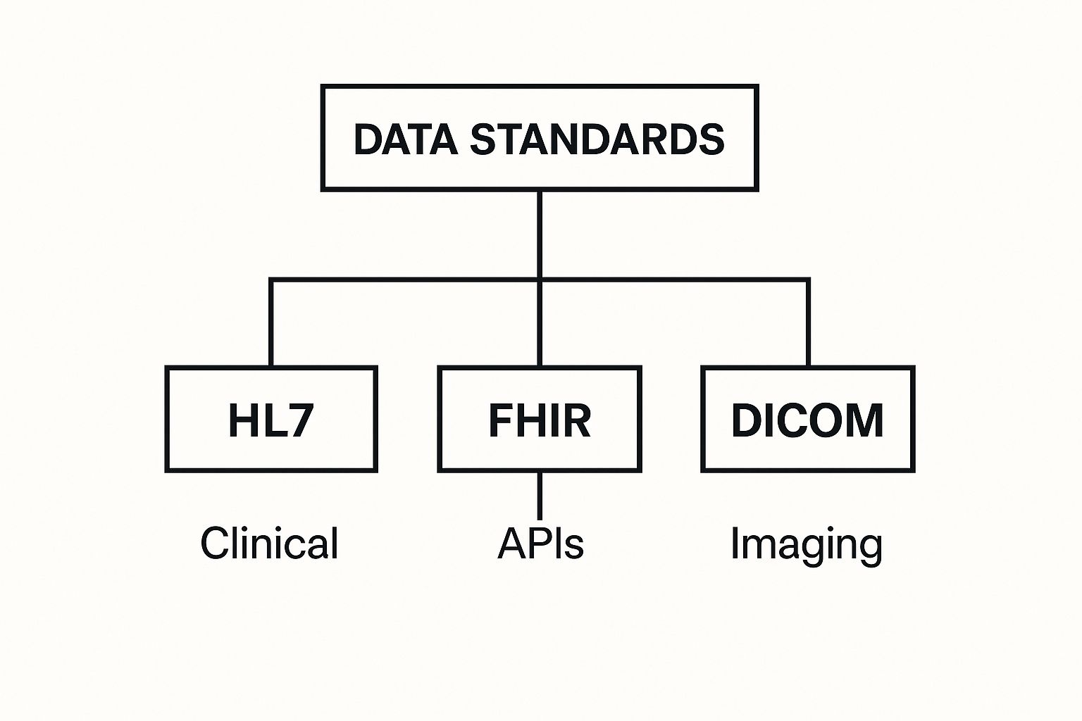 Infographic showing a hierarchy diagram with 'Data Standards' at the top, branching to 'HL7' (Clinical), 'FHIR' (APIs), and 'DICOM' (Imaging).