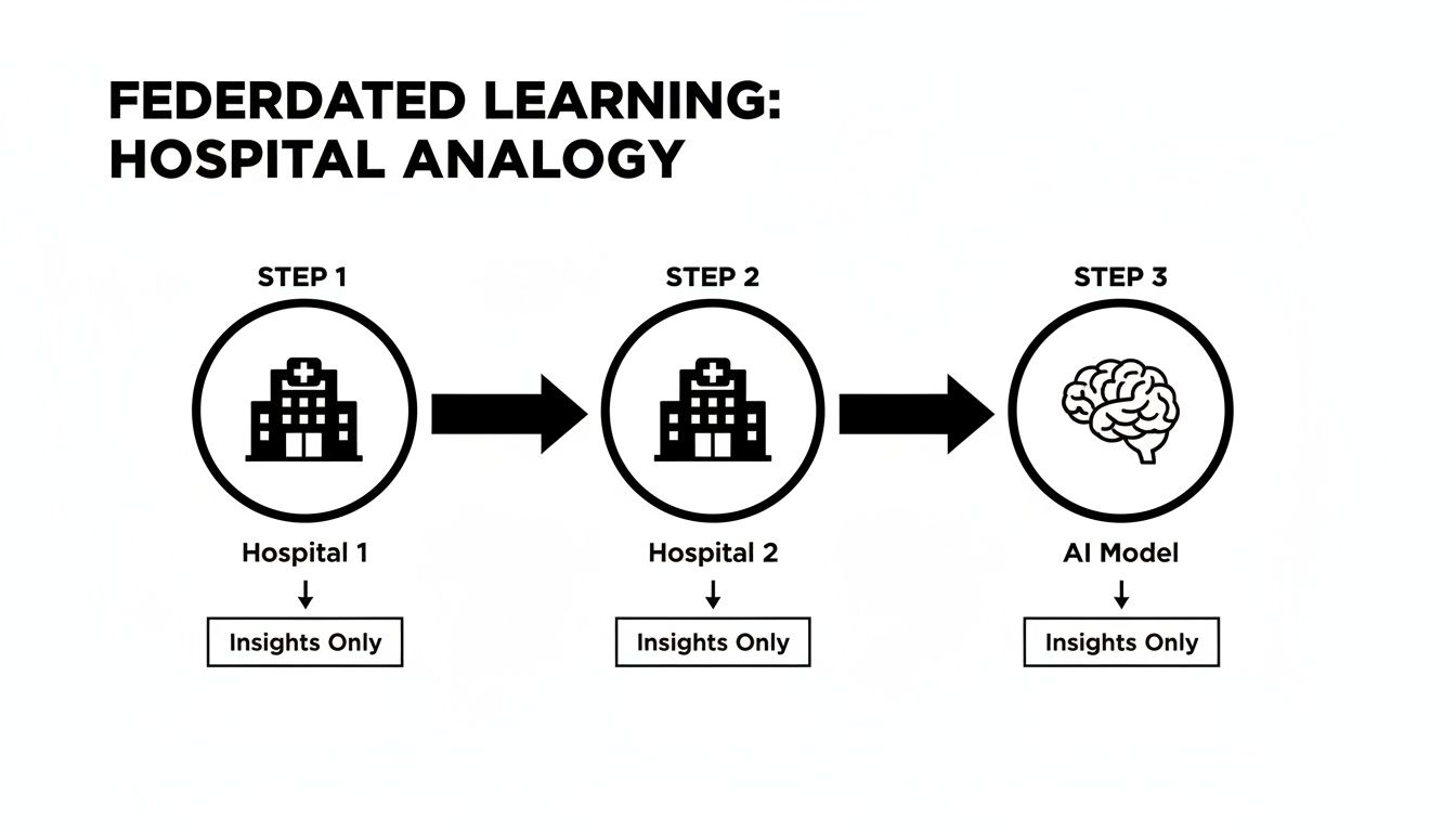 Diagram illustrating federated learning through a hospital analogy, showing insights from multiple hospitals contributing to an AI model.