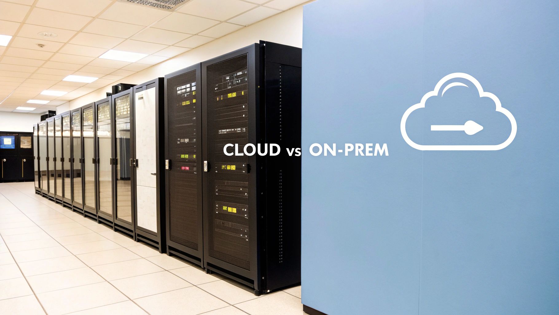 A data center with rows of server racks on one side, comparing it with a cloud computing graphic and 'CLOUD vs ON-PREM' text.