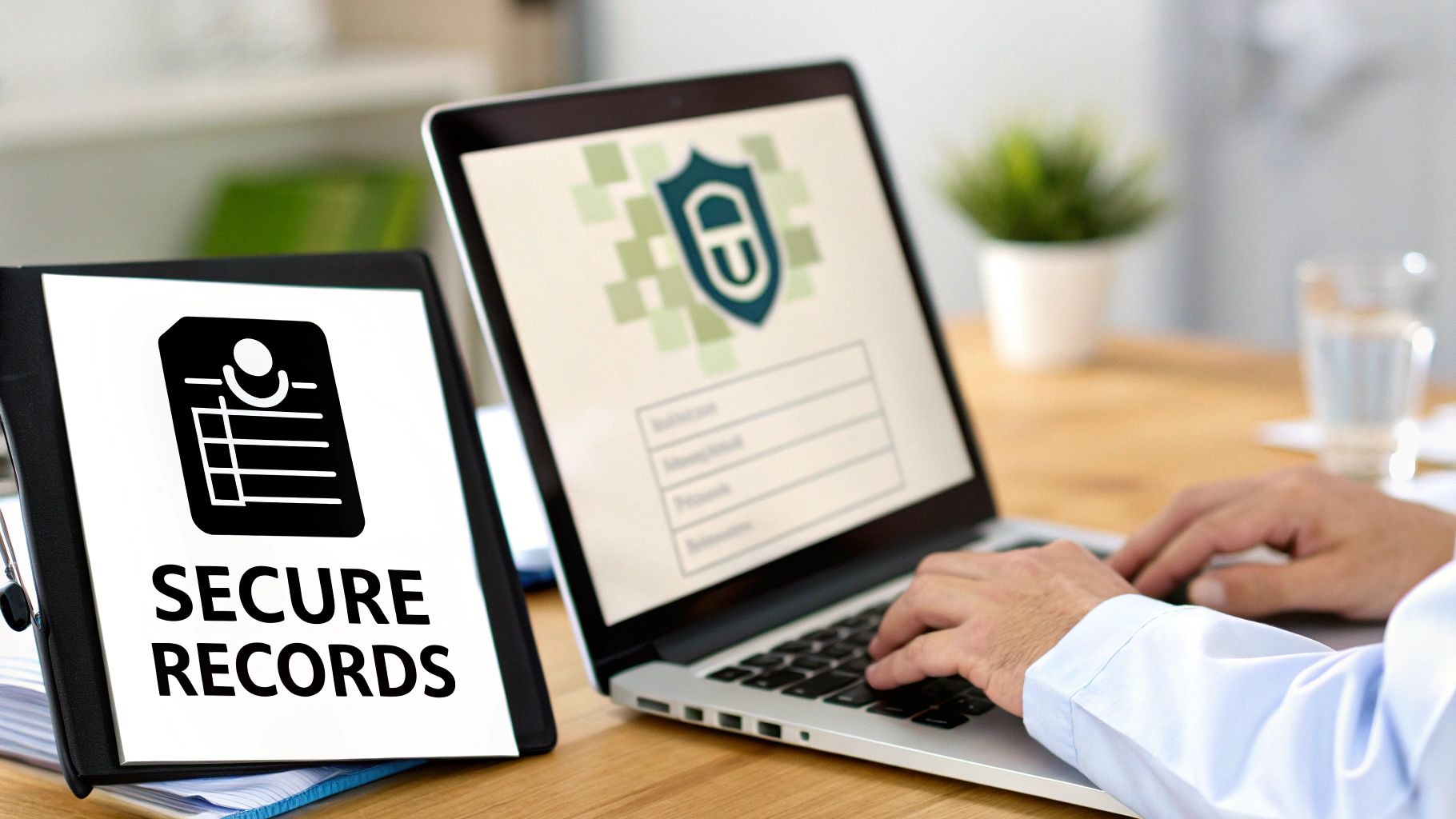 Hands typing on a laptop displaying a security shield, next to a "SECURE RECORDS" document.