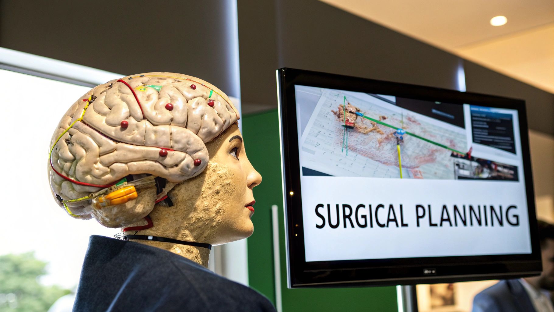 A surgeon in a high-tech operating room using a holographic 3D model of a patient's organ for surgical planning.
