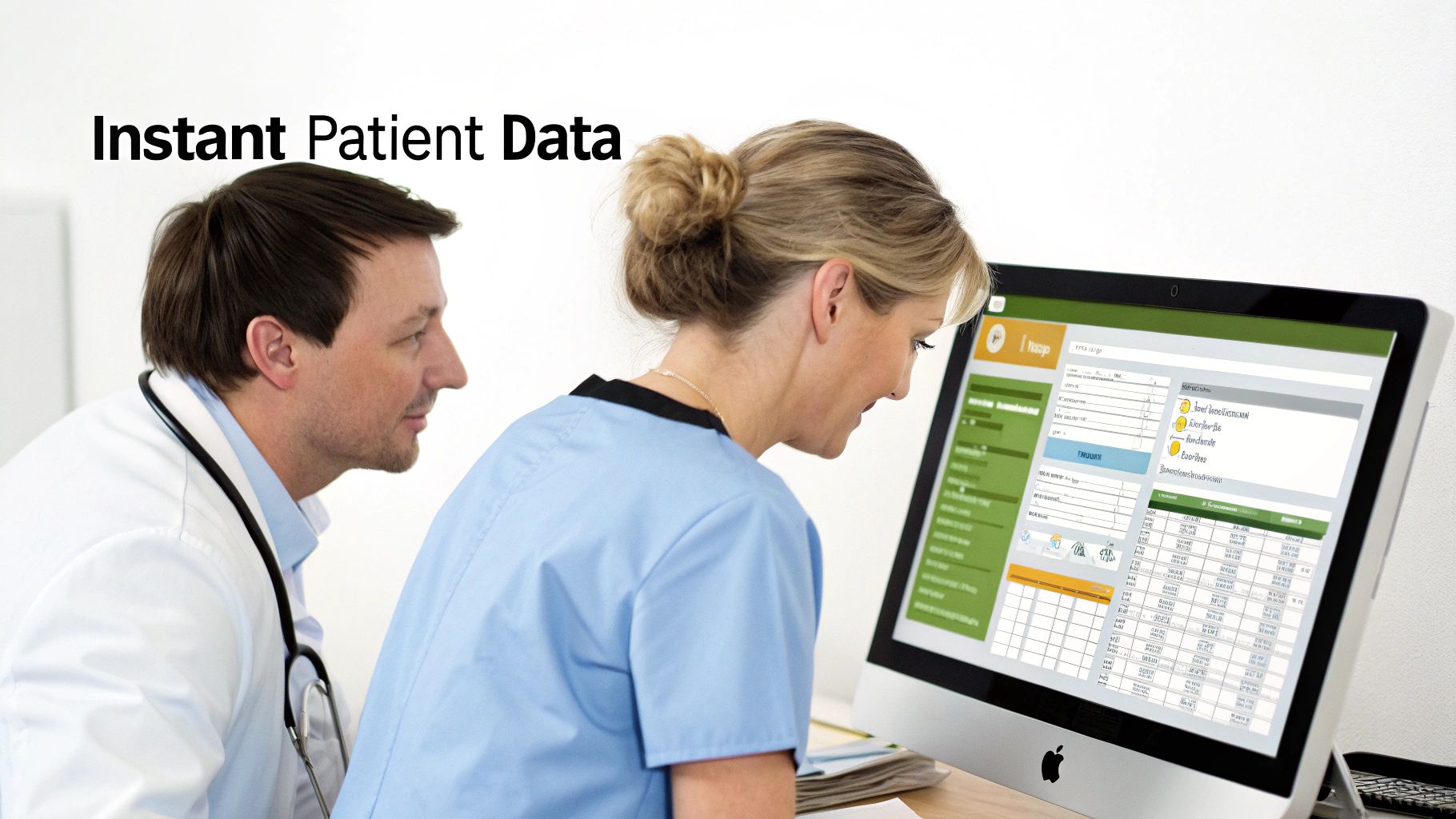 A doctor and a nurse collaboratively reviewing instant patient data on a computer screen.