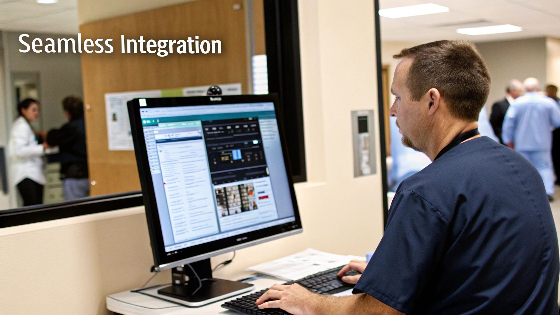 Healthcare professional in scrubs using a computer with medical software, demonstrating seamless data integration in a clinic.