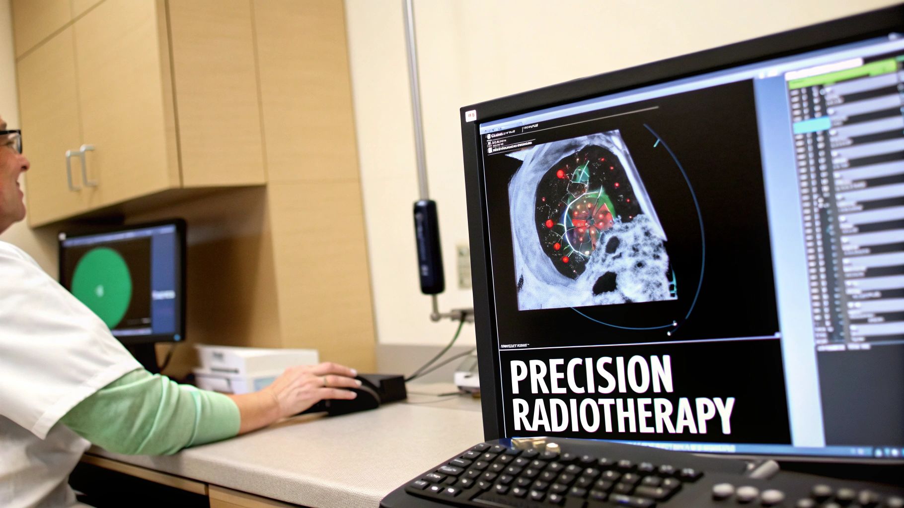 A doctor analyzing a Dose Volume Histogram on a computer screen, representing precision in cancer treatment.