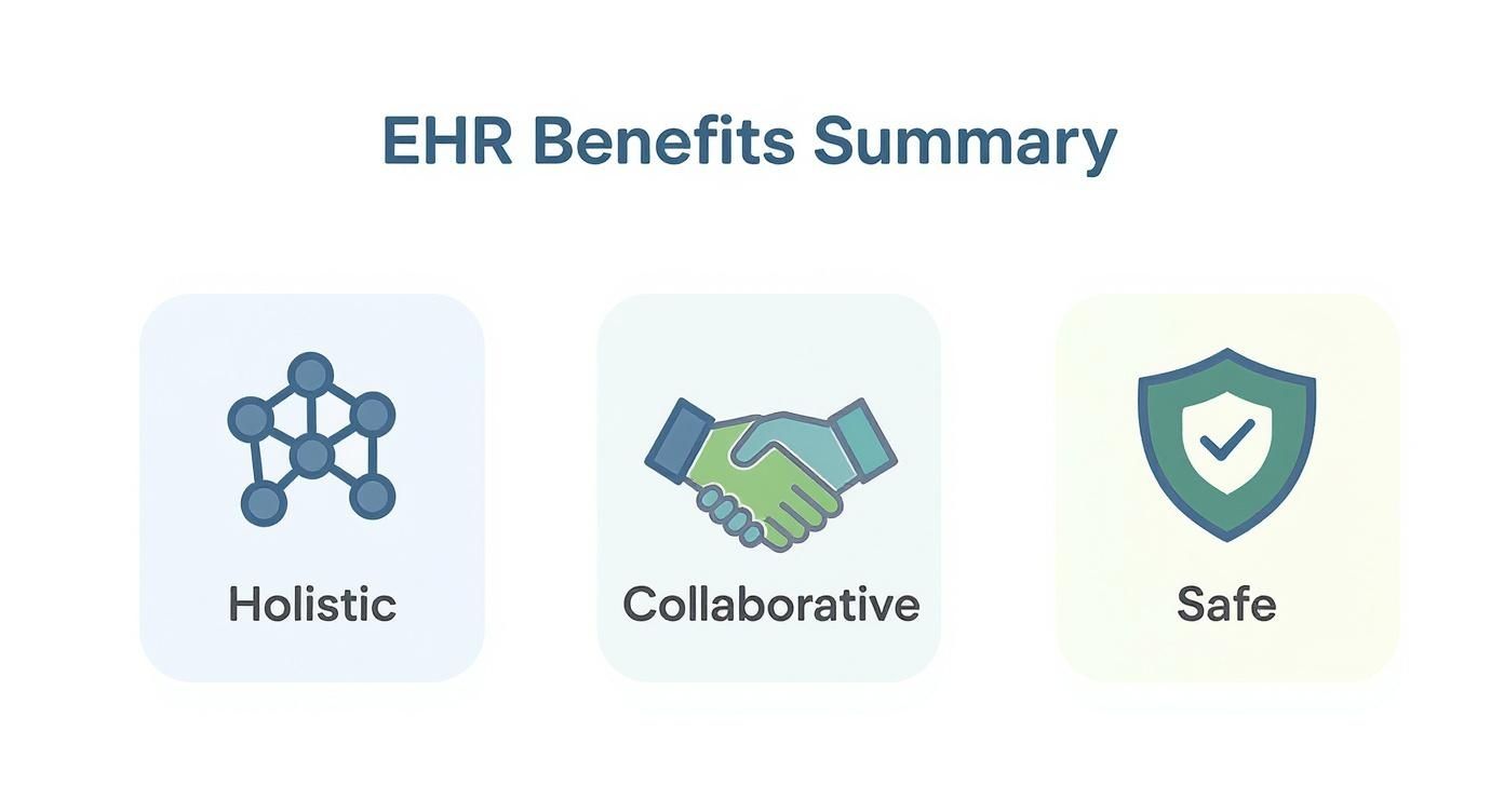 An EHR benefits summary slide showing three key advantages: Holistic, Collaborative, and Safe, each with a corresponding icon.