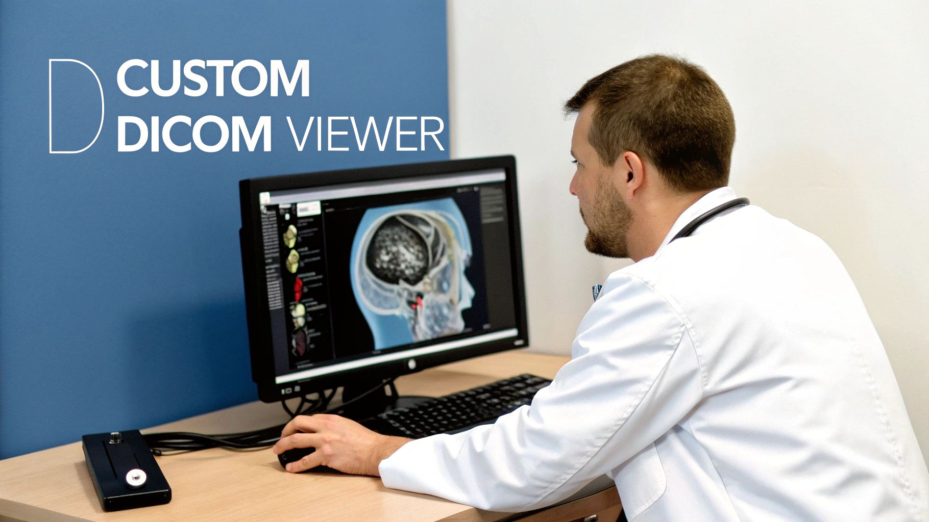 A healthcare professional uses a custom DICOM viewer on a computer displaying a brain scan.