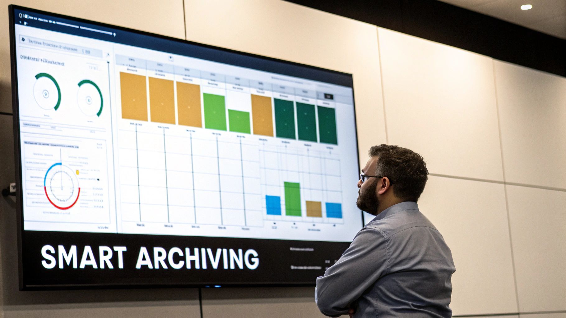 A man in a blue shirt looks at a large screen displaying data analytics and "SMART ARCHIVING".