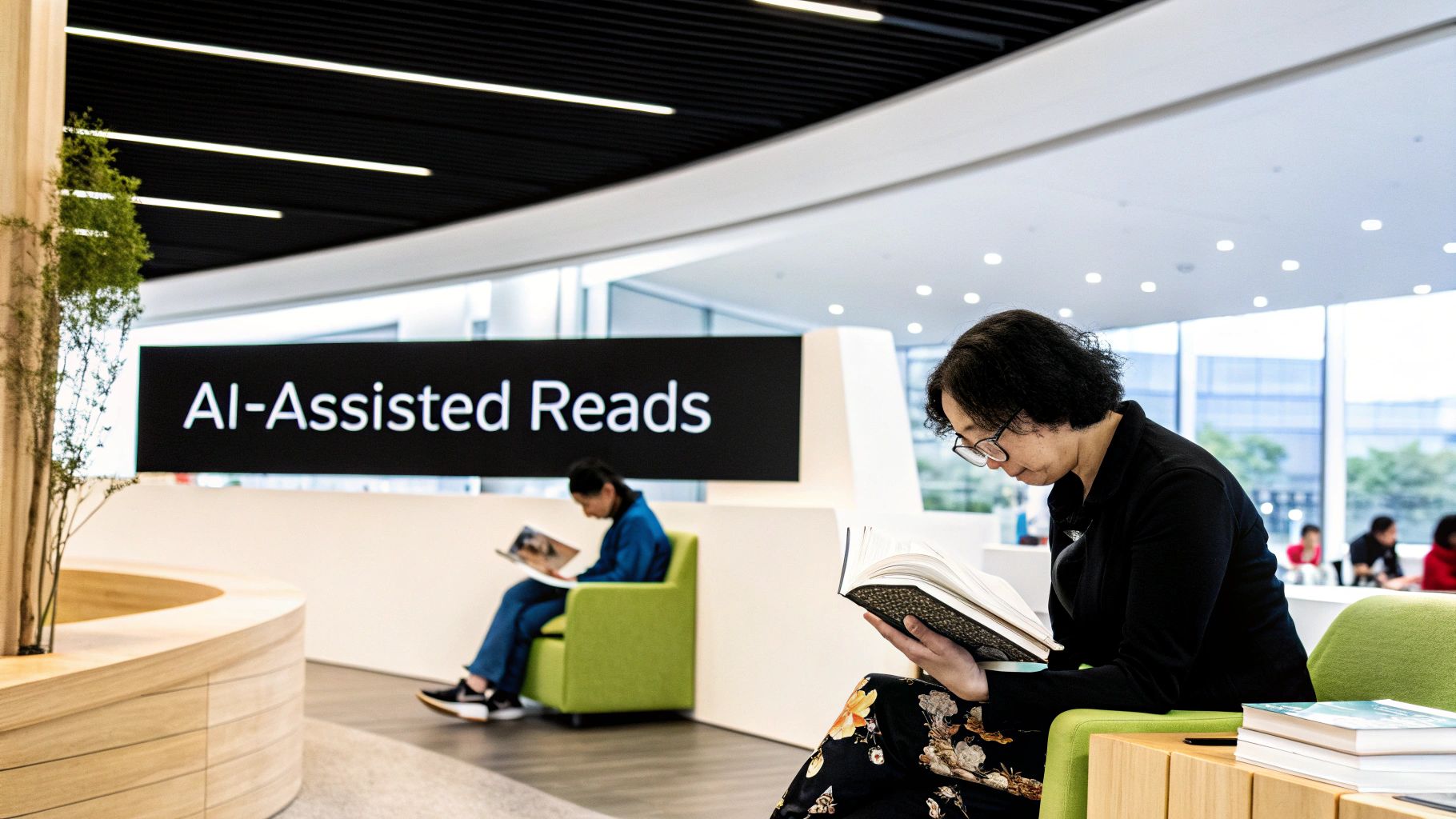 People reading books in a modern library lounge with an "AI-Assisted Reads" sign.
