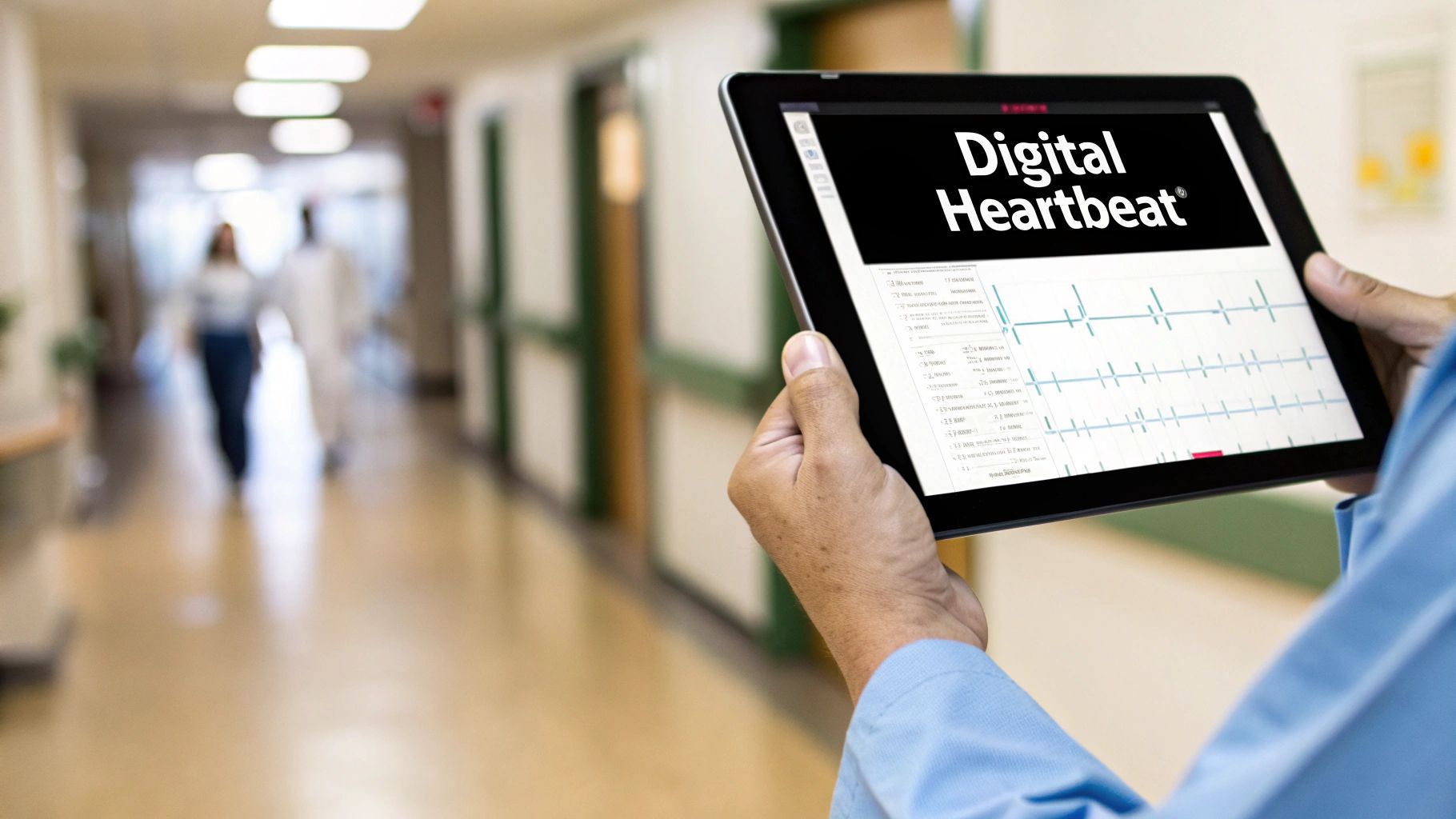 A person in blue scrubs holds a tablet showing 'Digital Heartbeat' and an ECG graph in a hospital hallway.