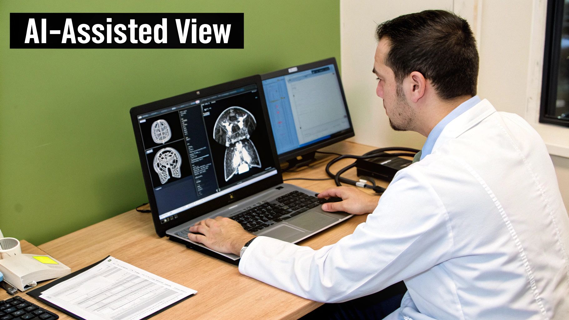 A doctor reviews AI-assisted medical scans on a laptop and external monitor, illustrating radiology technology.