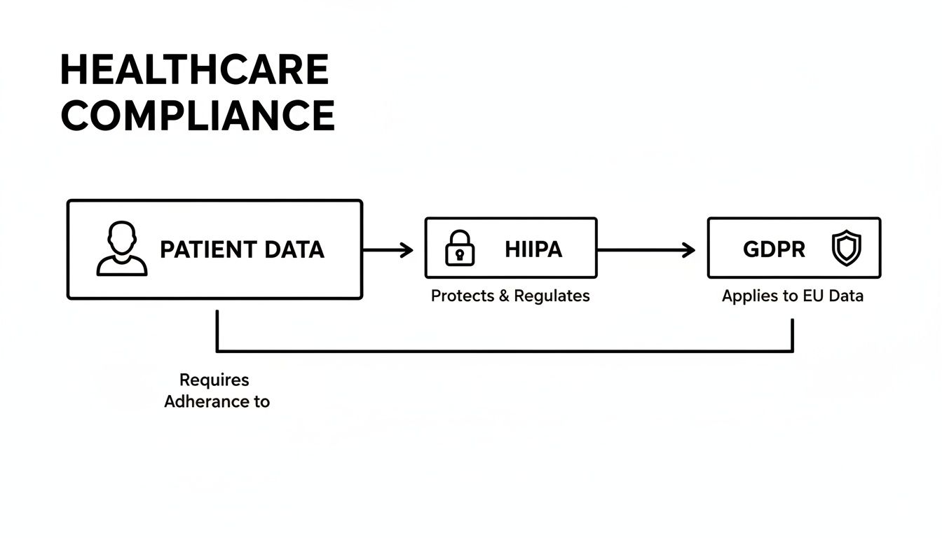 Flowchart illustrating healthcare compliance, connecting patient data with HIPAA and GDPR regulations.