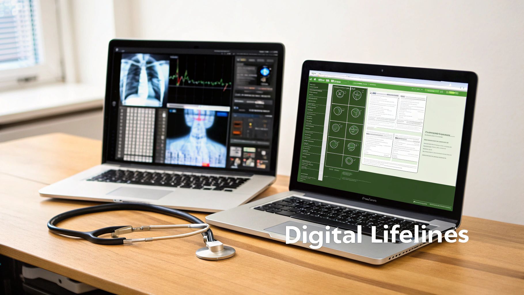 Two laptops on a wooden desk displaying medical imaging and healthcare software with a stethoscope.